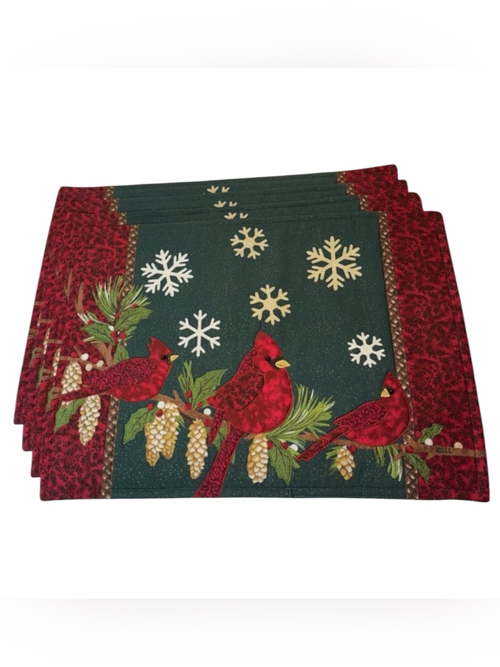 Quilted Cardinal Christmas Placemats Set 4 Appliqué Beaded Birds Lined Cotton